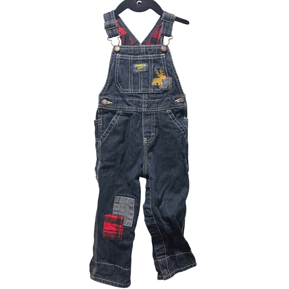 Y2K Oshkosh Bgosh Dark Wash Fleece Line Plaid Boy Overalls Patchwork Camping 24m